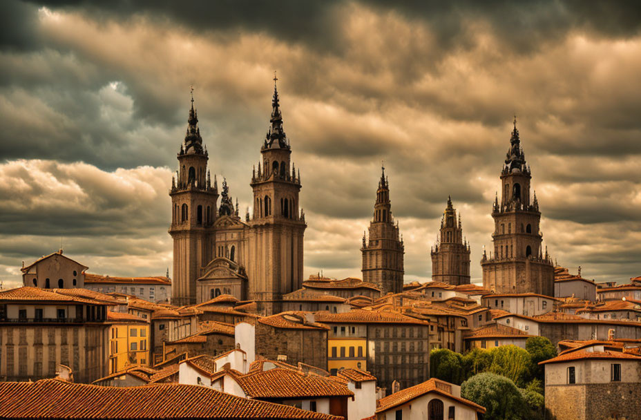 European Cityscape with Dramatic Clouds and Twin-Spired Cathedral Towers