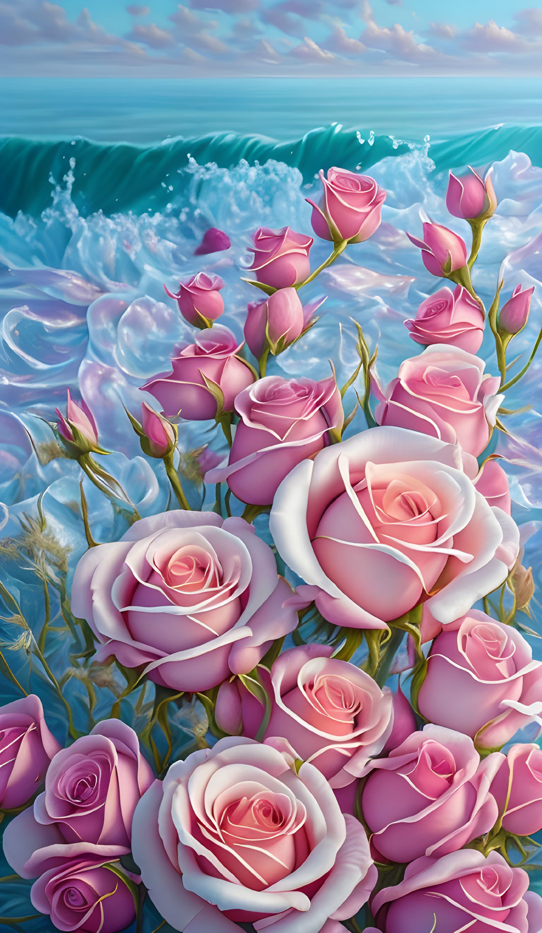 Vibrant pink roses blooming from ocean waves with bubbles and blue sky