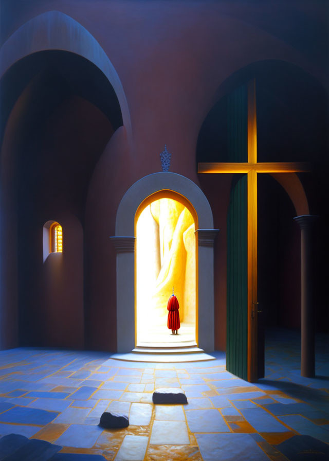 Tranquil arched hallway with warm glow, blue floors, open door, person in red dress