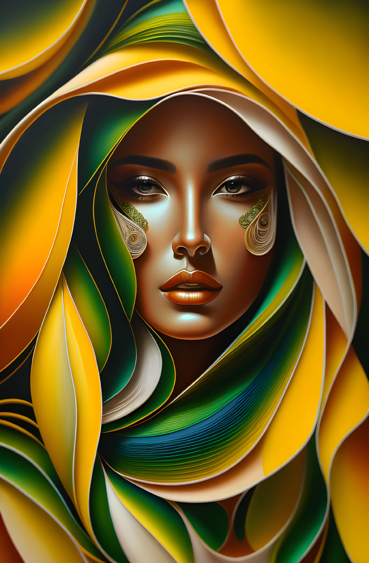 Vivid digital artwork featuring a woman with expressive eyes and gold-green makeup amid swirling abstract shapes