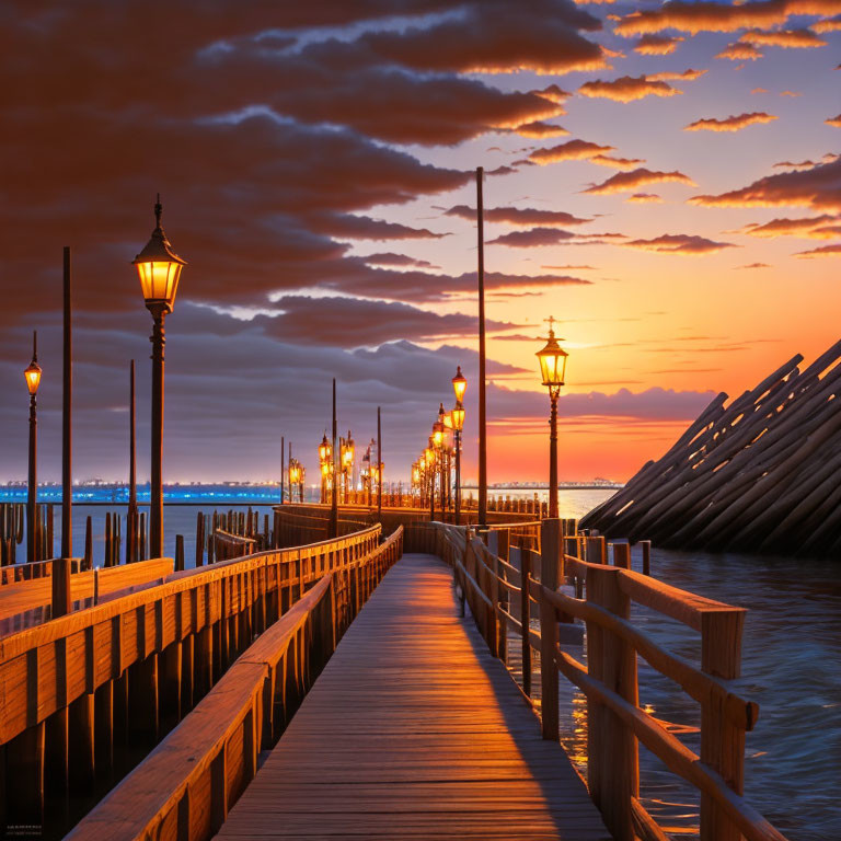 Scenic wooden pier with street lamps at sunset over calm water