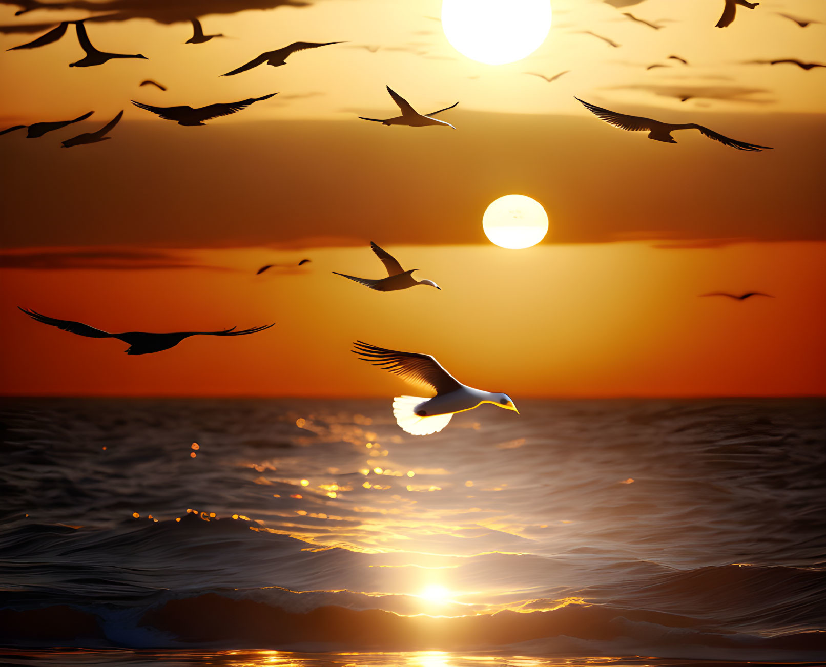 Seagulls flying over shimmering sea at sunset with large sun and warm orange sky