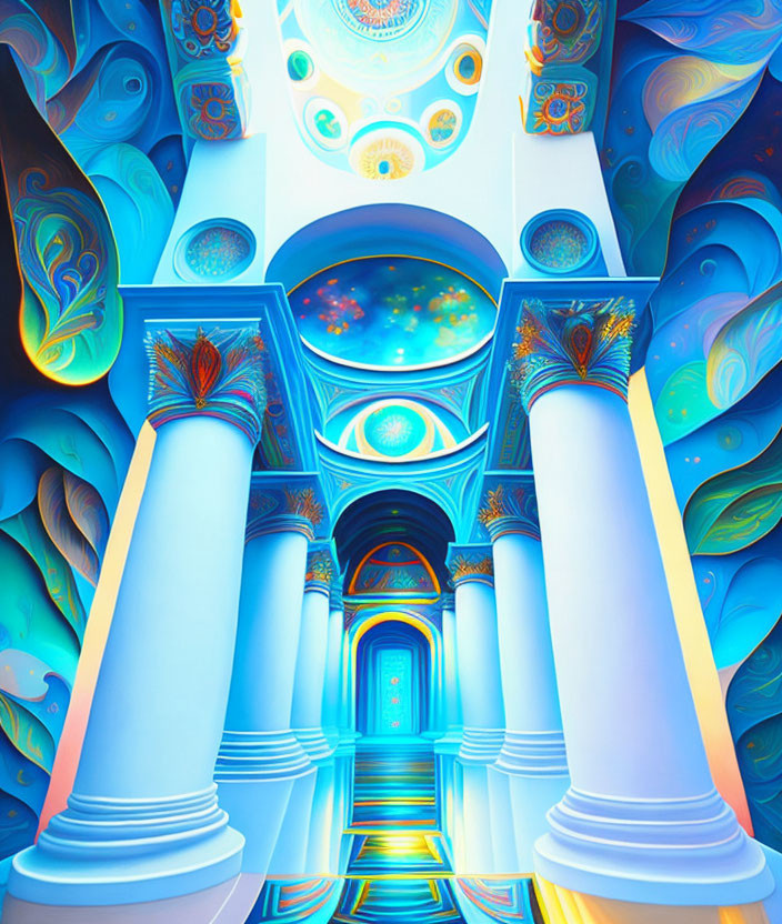 Colorful Surreal Hallway with Celestial Theme and Ornate Pillars