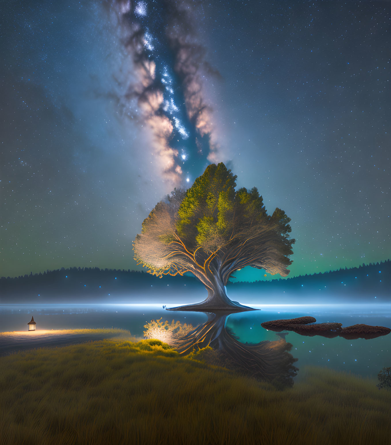 Tranquil lake scene with solitary tree under starry night sky