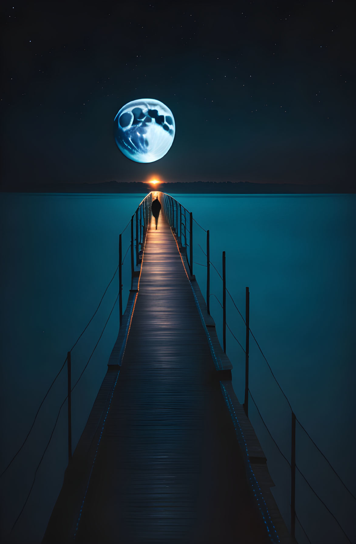 Surreal night scene: long pier, calm sea, oversized moon, clouds, small light.