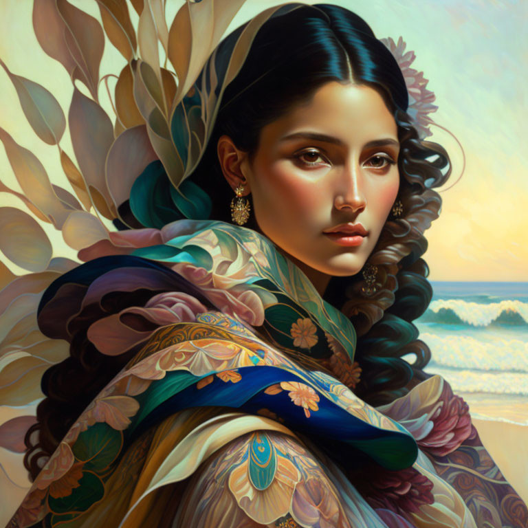 Dark-haired woman in colorful shawl against sunset waves