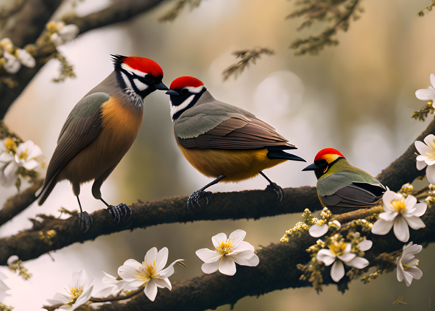 Colorful Birds Perched on Branch with White Blossoms in Serene Setting