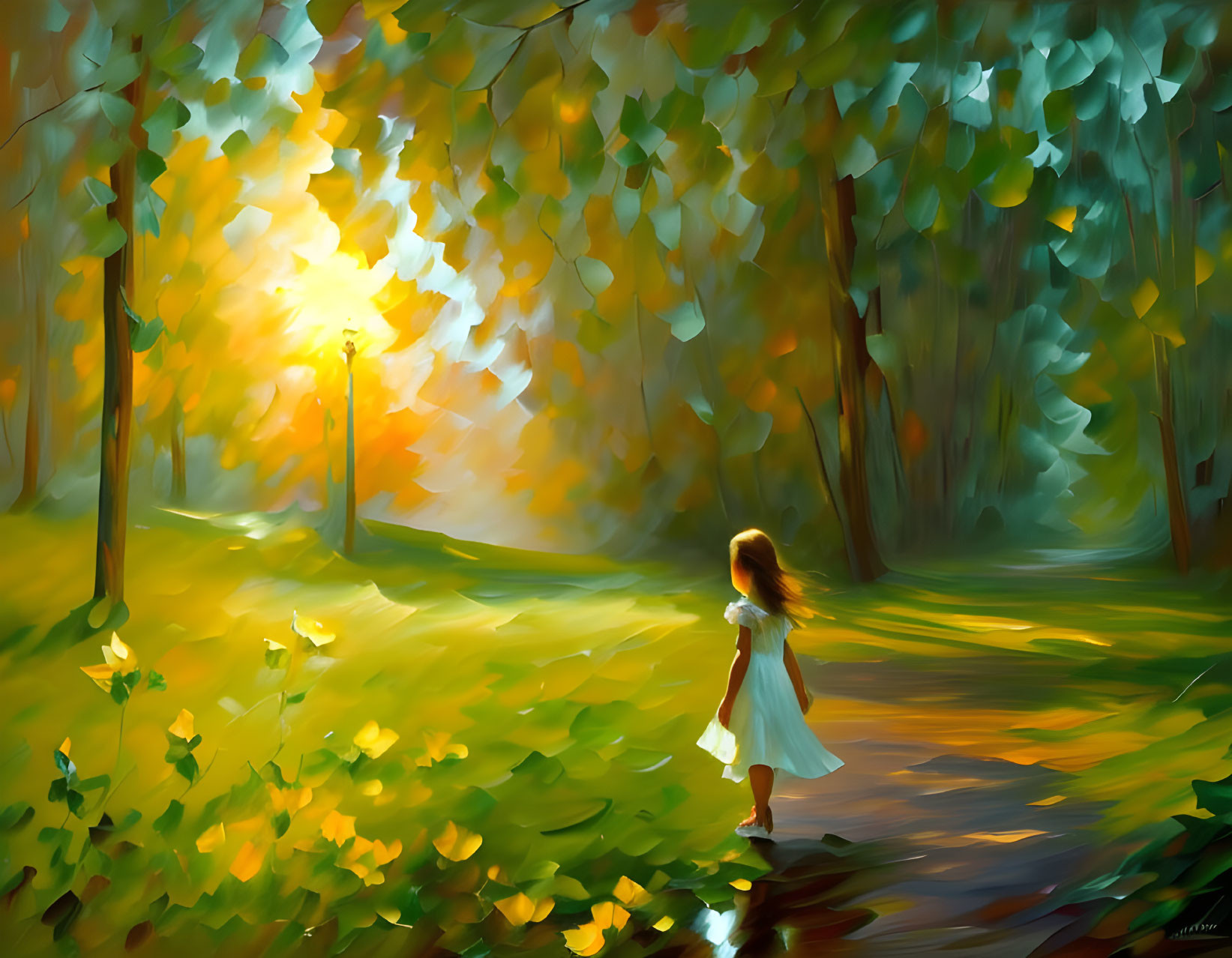 Girl in White Dress Walking Through Sunlit Autumn Forest