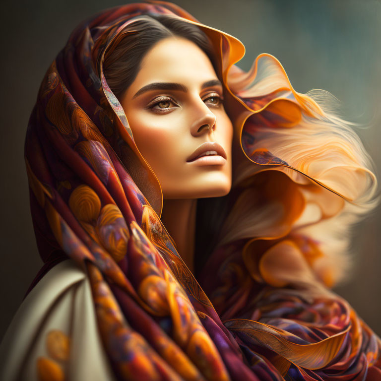 Colorful portrait of a woman with striking eyes and flowing scarf