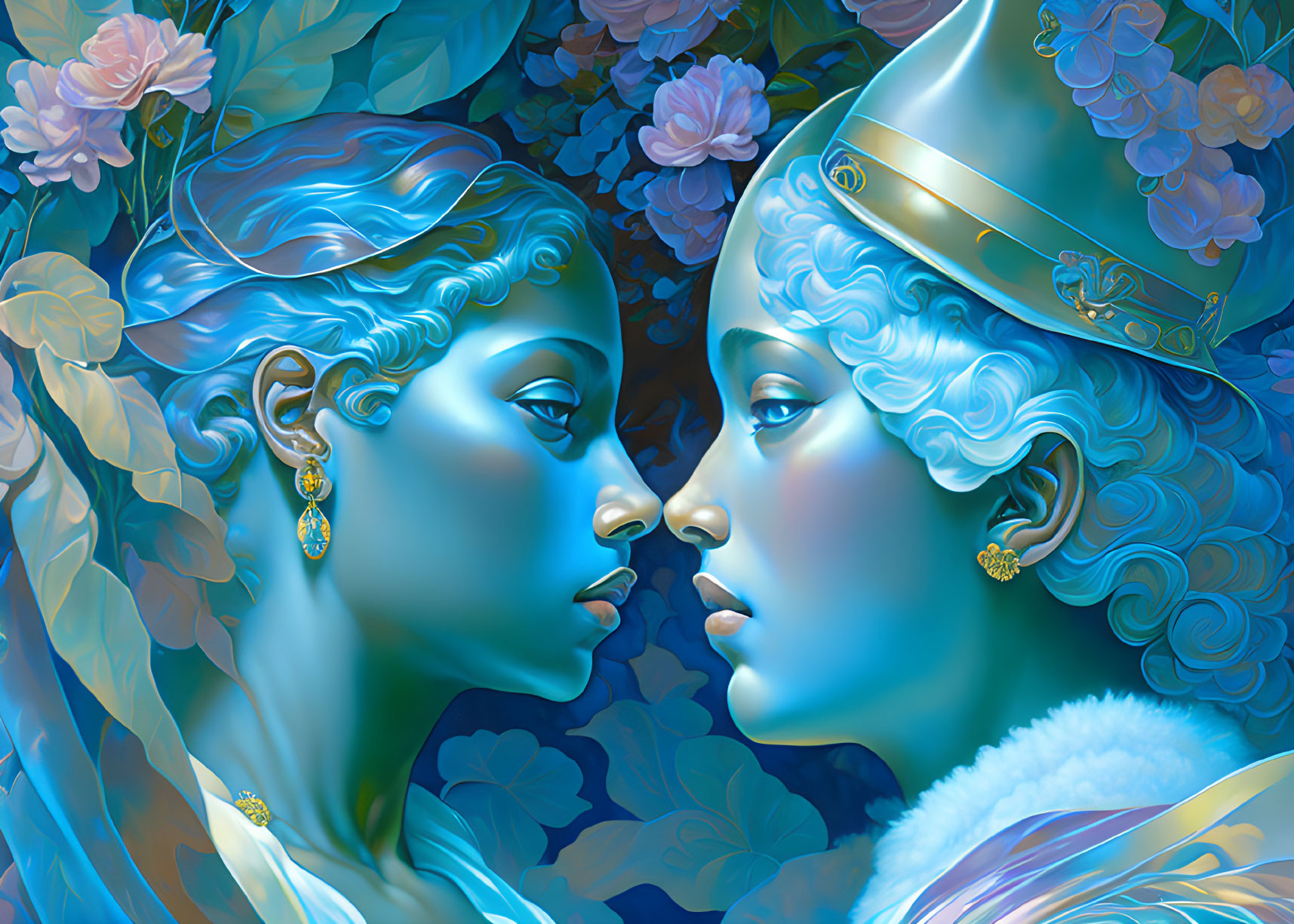 Ethereal blue-skinned female figures with golden headpieces in floral setting