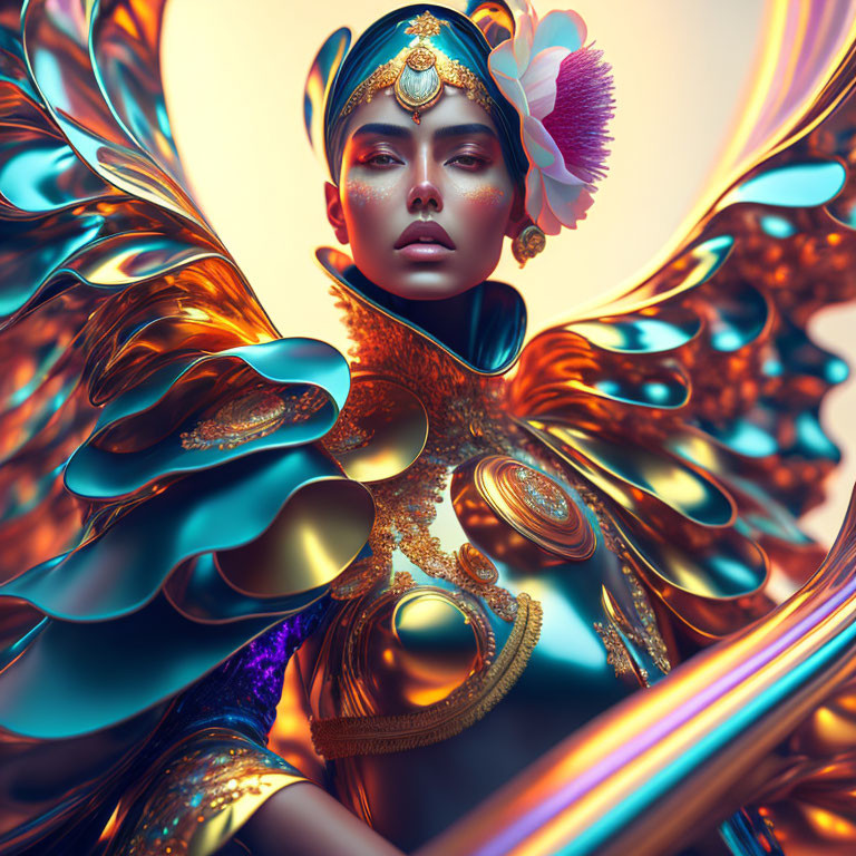 Fantastical portrait of a woman in ornate gold and blue armor with wing-like structures and a