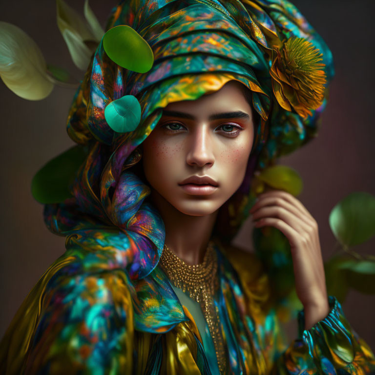 Colorful portrait of woman with striking eyes in floral turban and jacket surrounded by green foliage