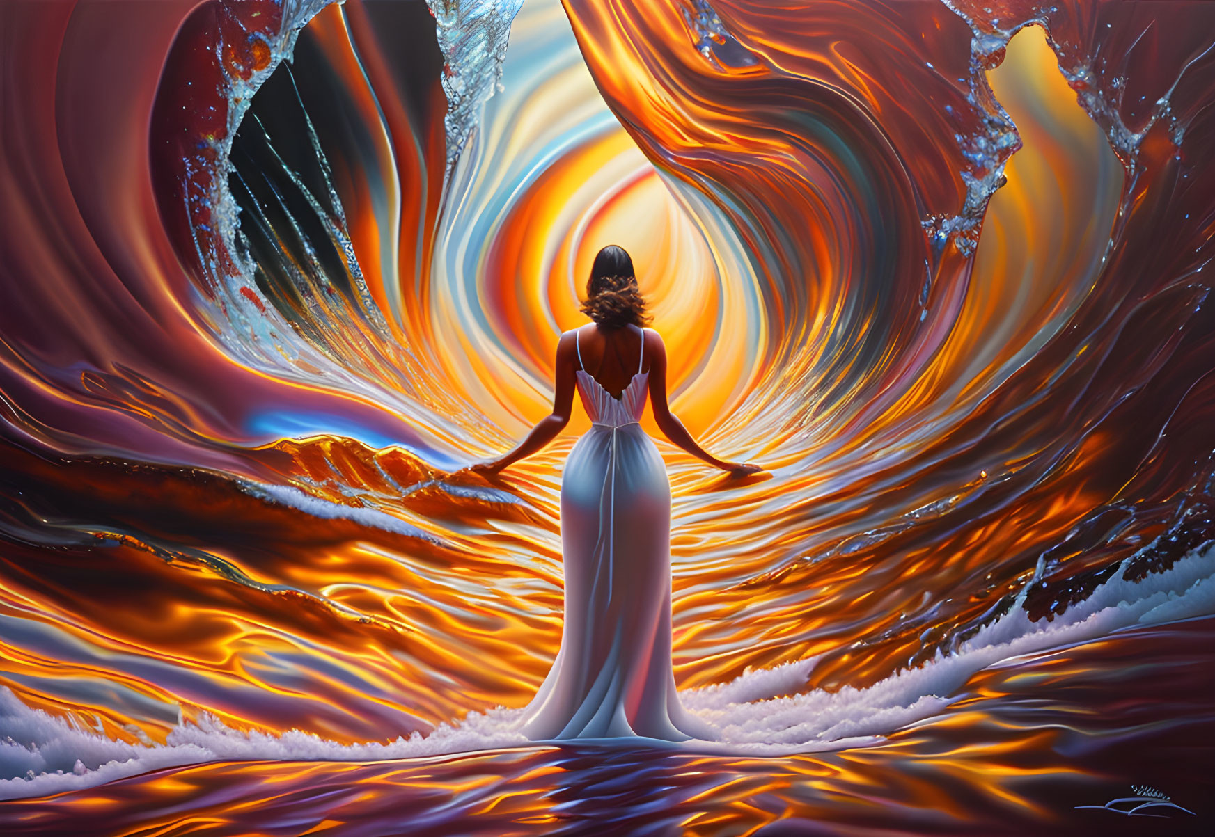 Woman in white dress in front of fiery vortex with cosmic backdrop