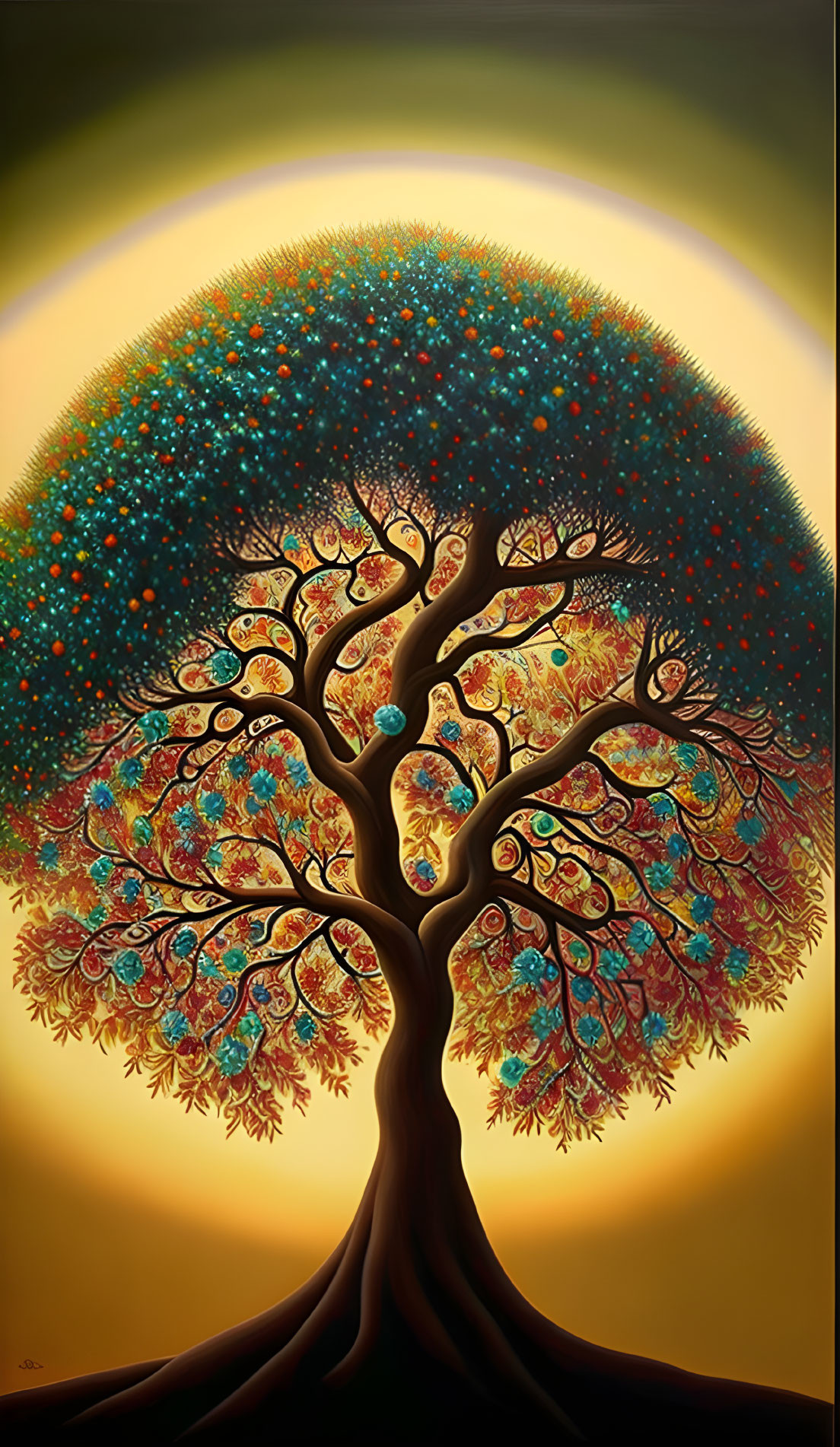 Colorful Stylized Tree Painting with Whimsical Decorative Branches