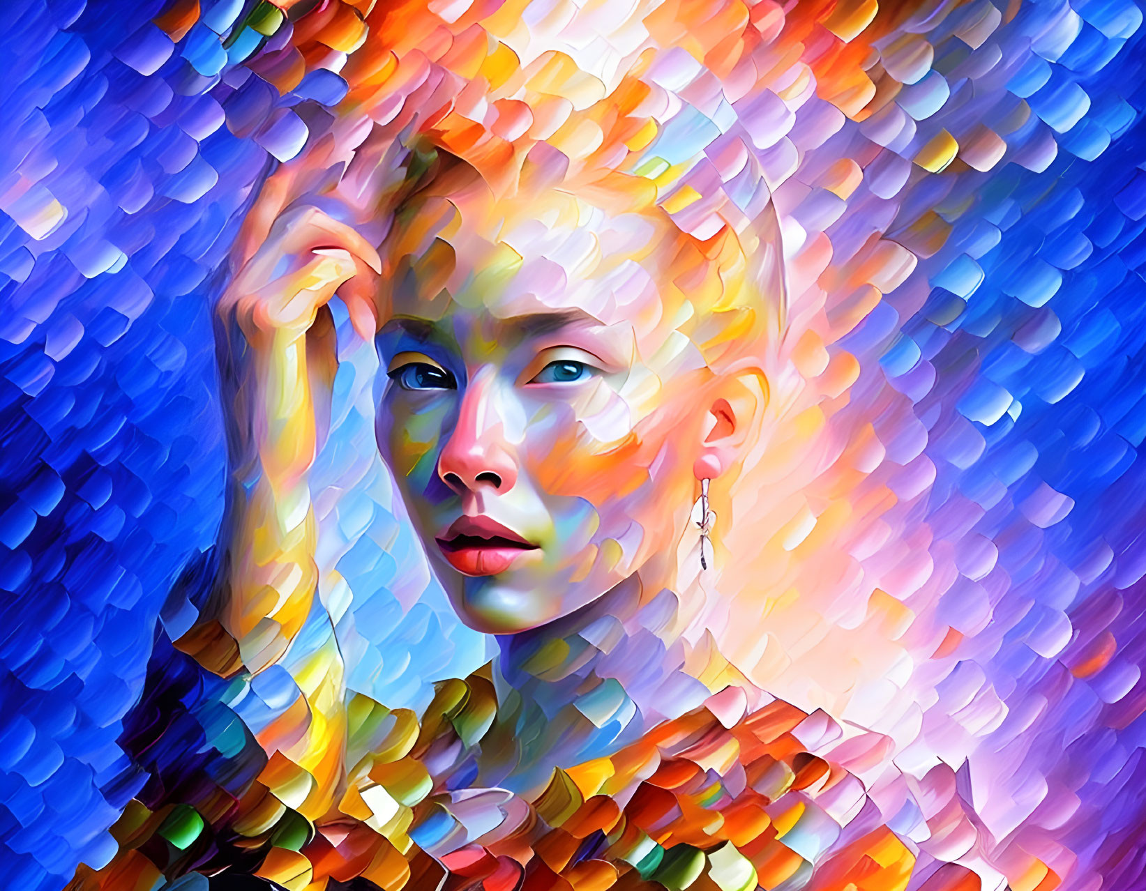 Colorful digital portrait of a woman with dynamic brushstrokes in blue, orange, and yellow.