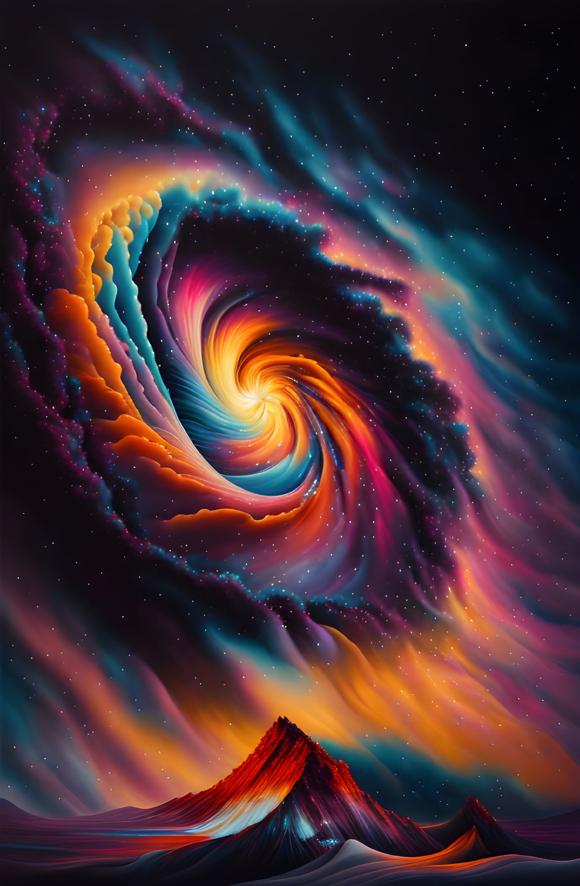 Colorful cosmic vortex above mountain peaks in digital artwork