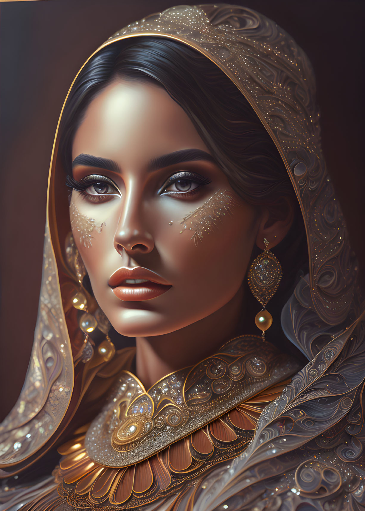 Elaborate gold jewelry and detailed headscarf on a woman