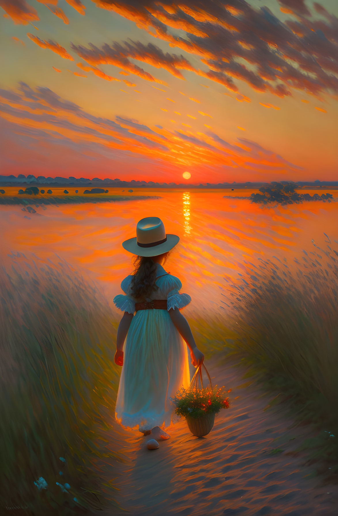 Woman in dress and hat holding flowers in field at sunset