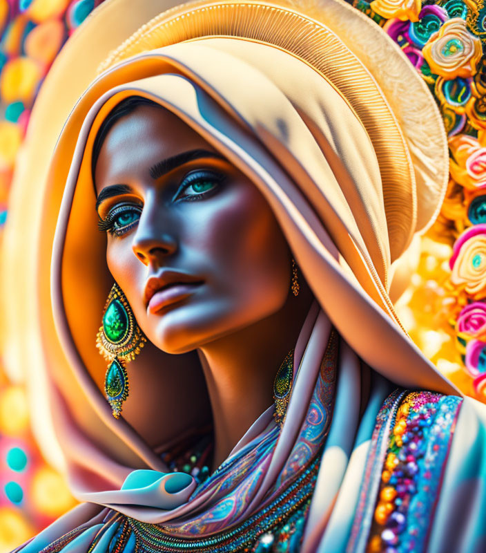 Woman with Blue Eyes in Colorful Hijab & Intricate Patterns Against Floral Background