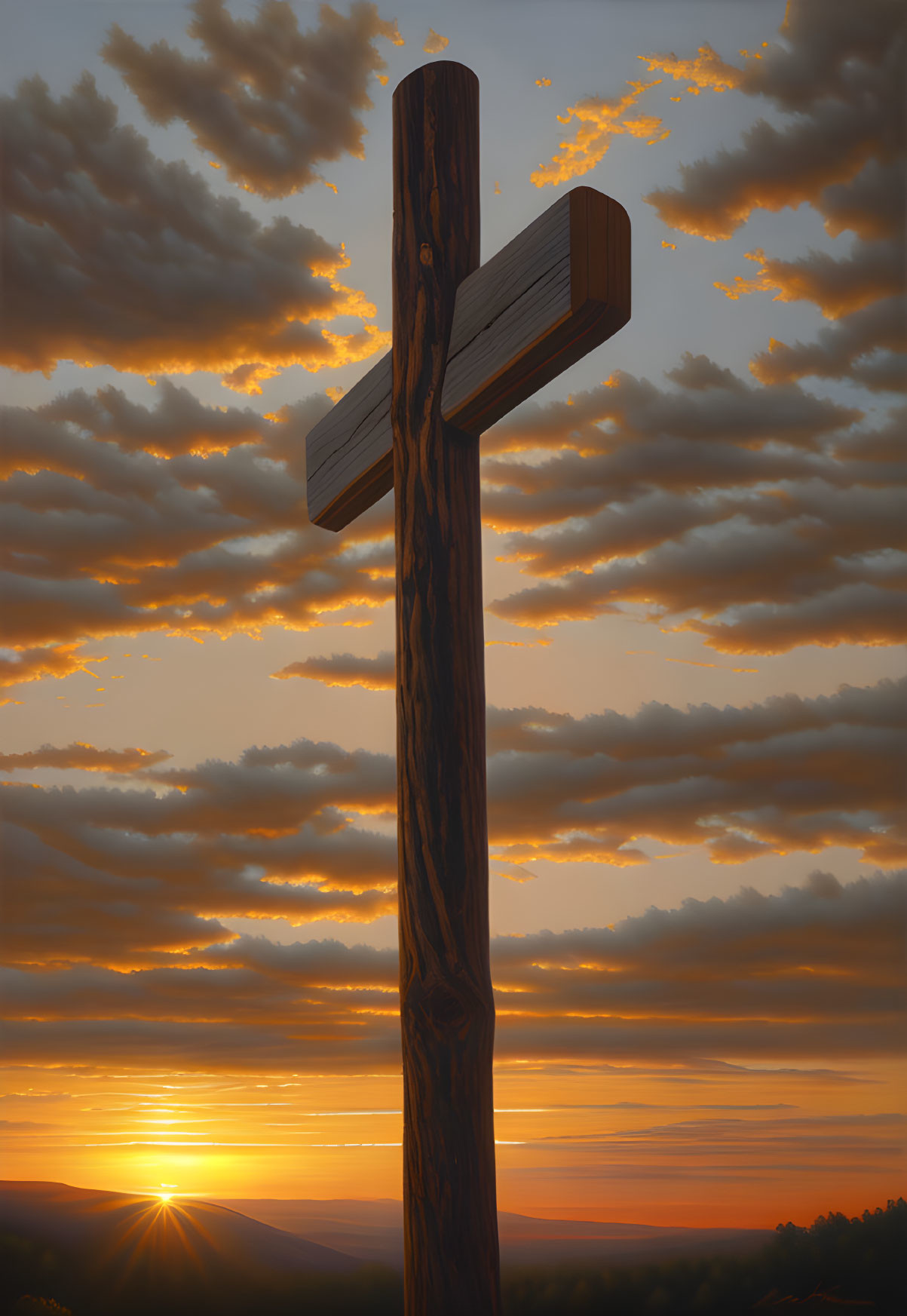 Silhouetted wooden cross at sunset with orange sky and serene landscape