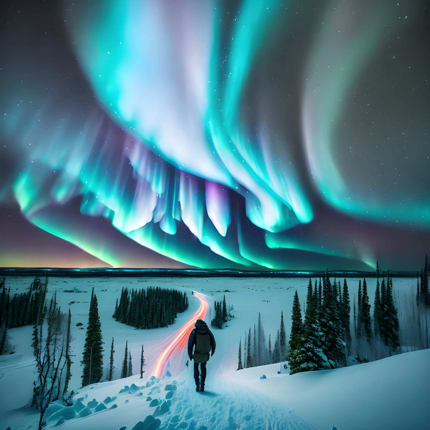 Person on snowy hill under vibrant Aurora Borealis