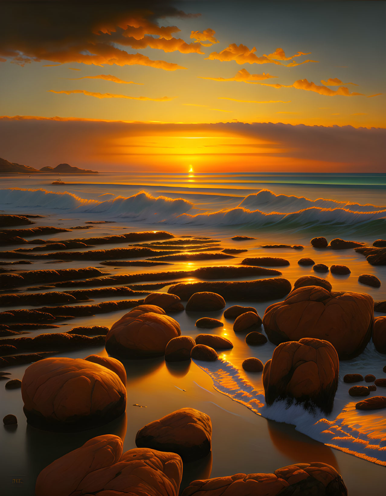 Orange-Hued Sunset Over Coastal Landscape