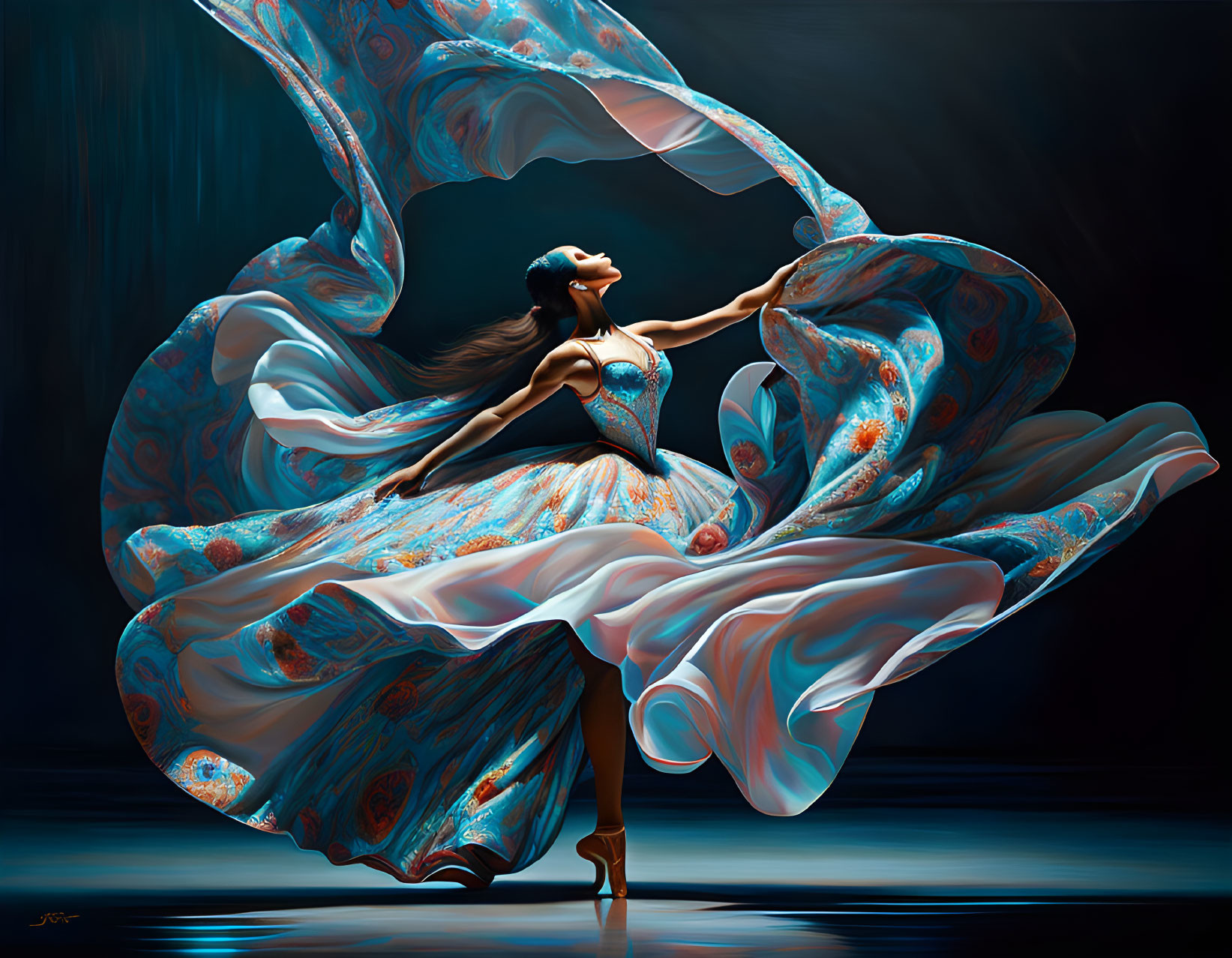 Elegant ballerina in flowing dress on toe with swirling fabric