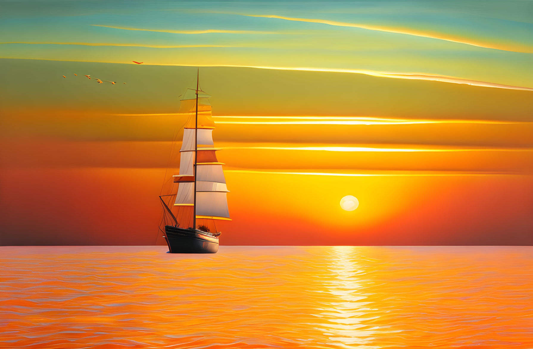 Sailboat on Orange Waters Under Vibrant Sunset Sky