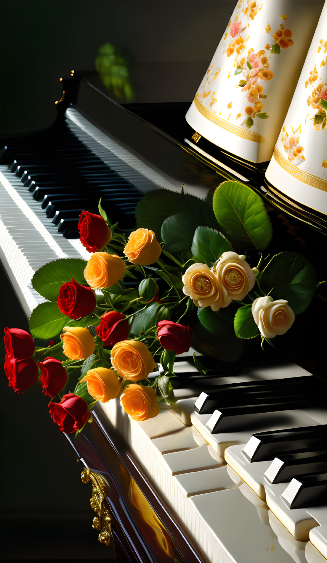 Grand piano with exposed keys and vibrant rose bouquet in natural light