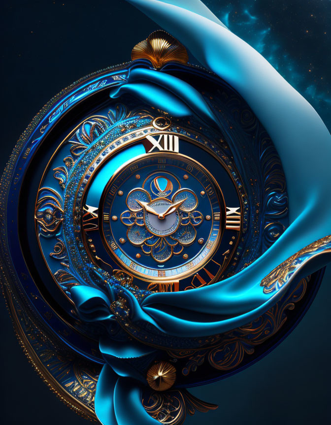 Baroque gold and blue ornate 3D clock with satin ribbons on starry backdrop