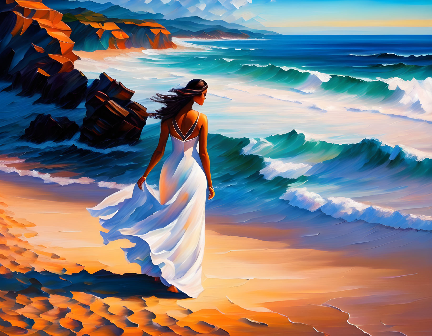 Woman in white dress walking on vibrant shoreline with crashing waves and rocky cliffs against blue sky.