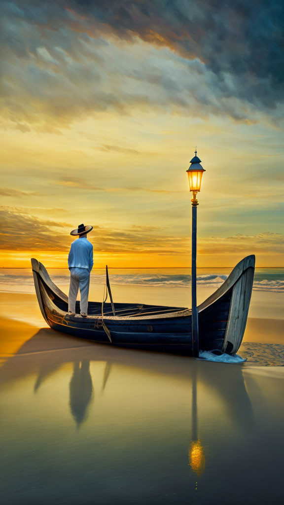 Person in white outfit on gondola at sunset beach with dramatic sky