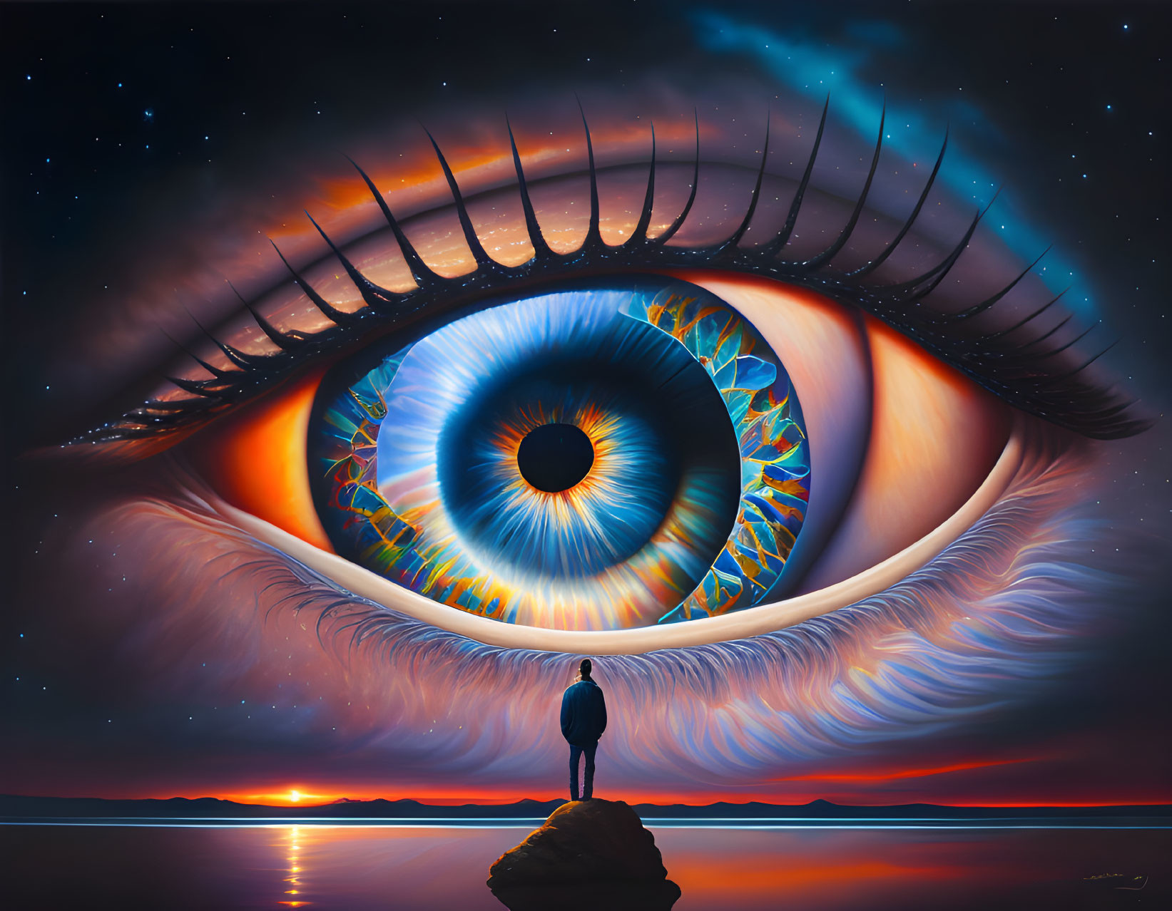 Surreal artwork: Giant eye over lone figure in twilight landscape