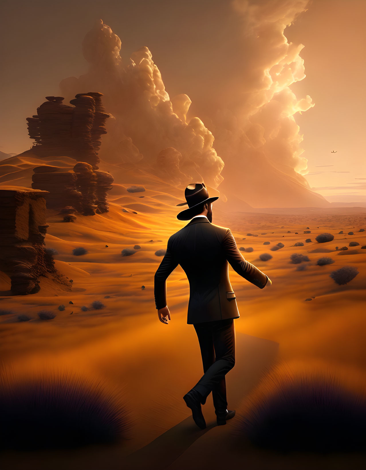 Man in Suit and Fedora Walking Among Desert Rock Formations Under Amber Sky