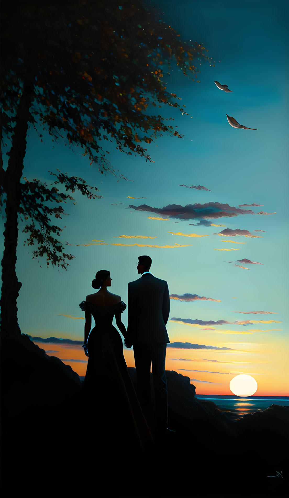 Silhouetted couple at sunset with birds and tree in the background