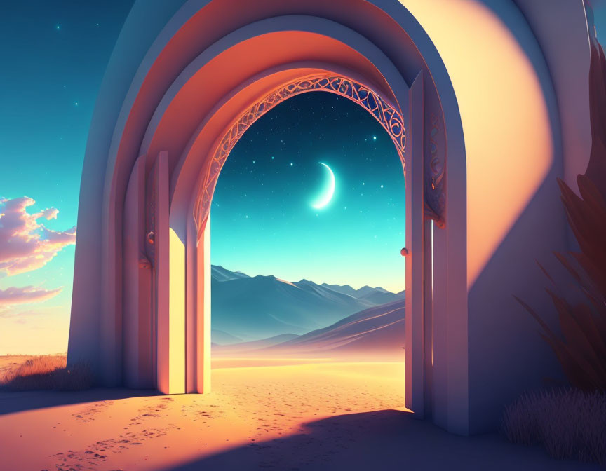 Surreal illustration: Open arched doorway to desert night sky