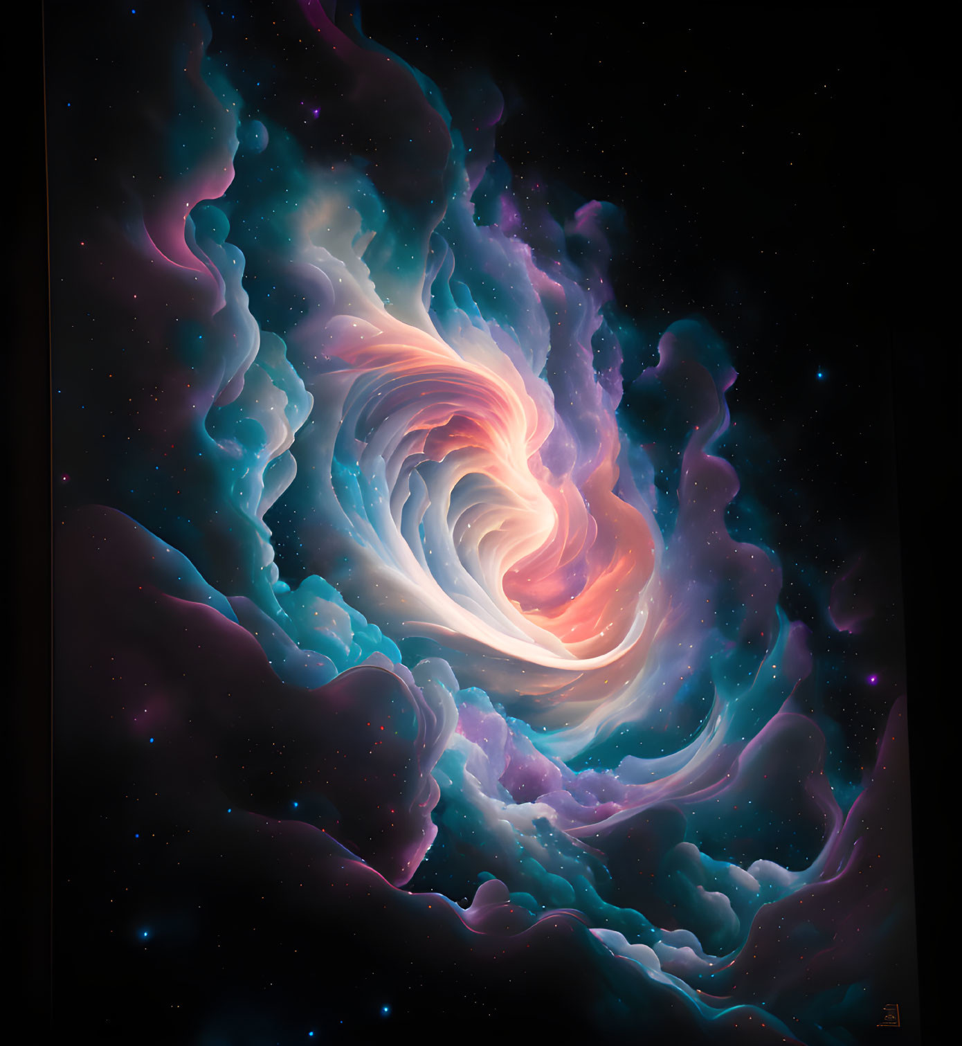 Colorful swirling nebula in vibrant oranges and blues against a dark space backdrop