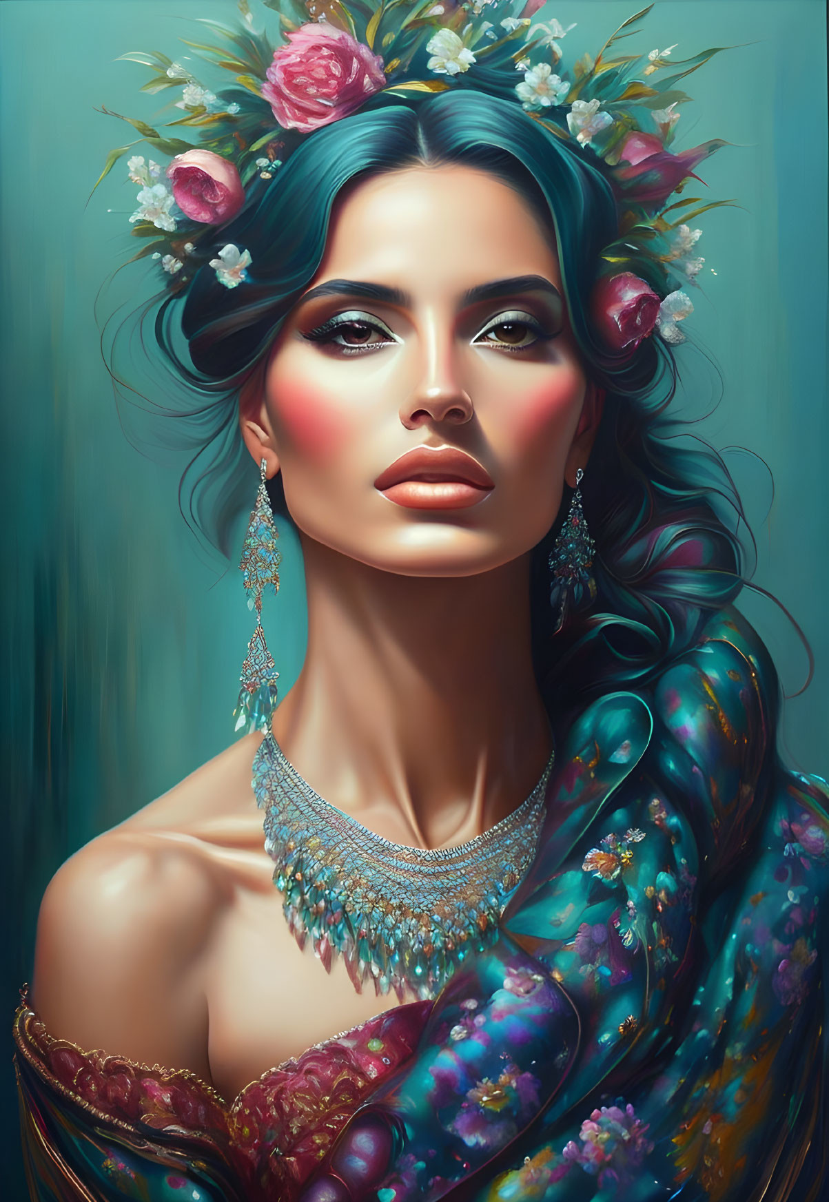 Vibrant woman illustration with floral hair accessories and ornate jewelry