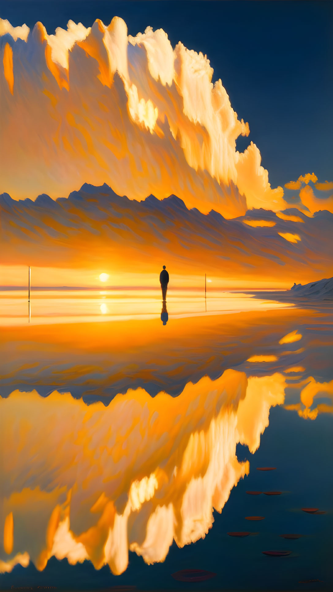 Person standing on reflective surface under orange sunset sky