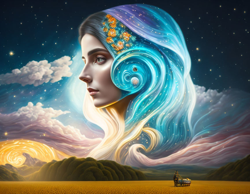 Surreal portrait of a woman with celestial hair, coral reef, ship on grain-like waves under