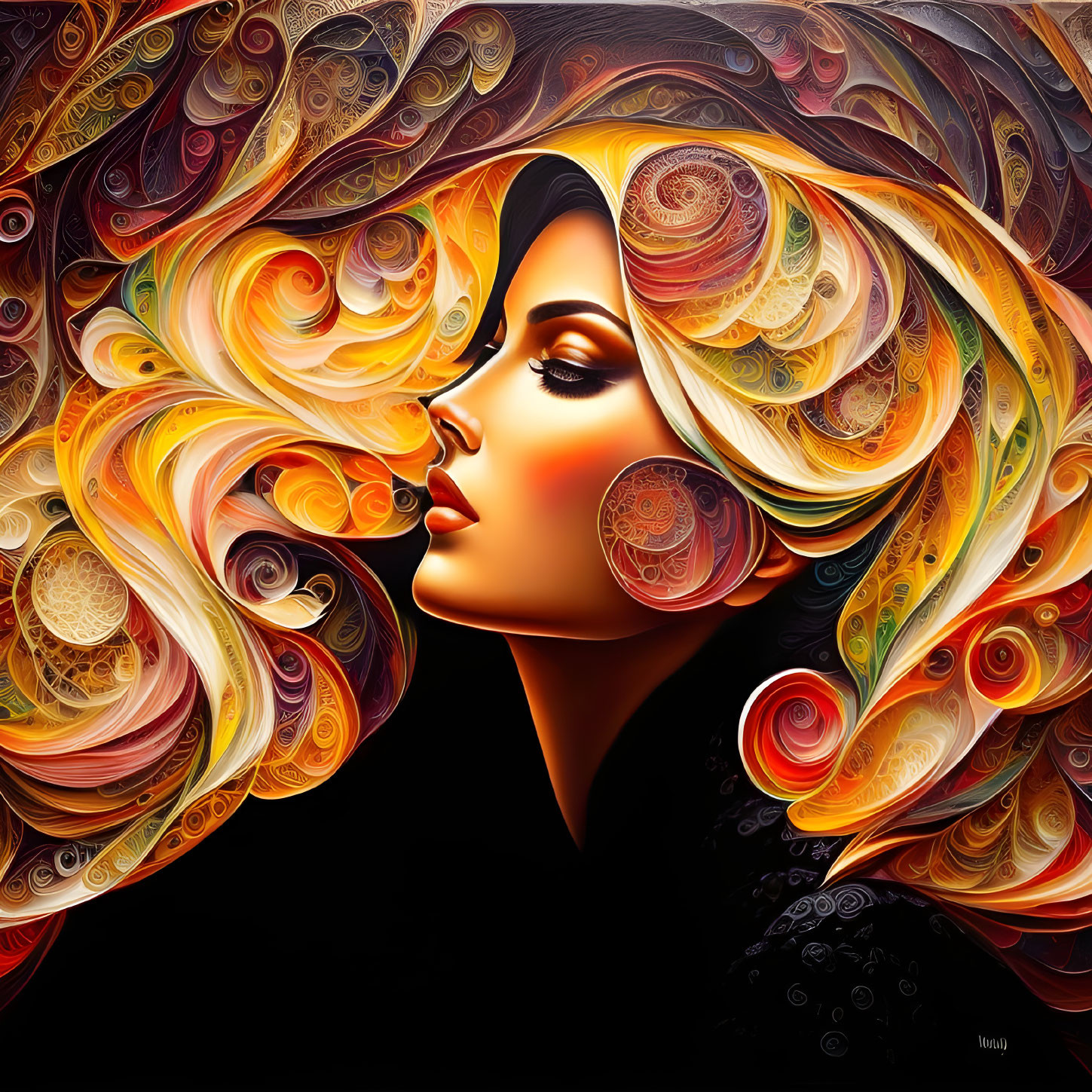 Colorful digital artwork: Woman's profile with ornate, flowing hair