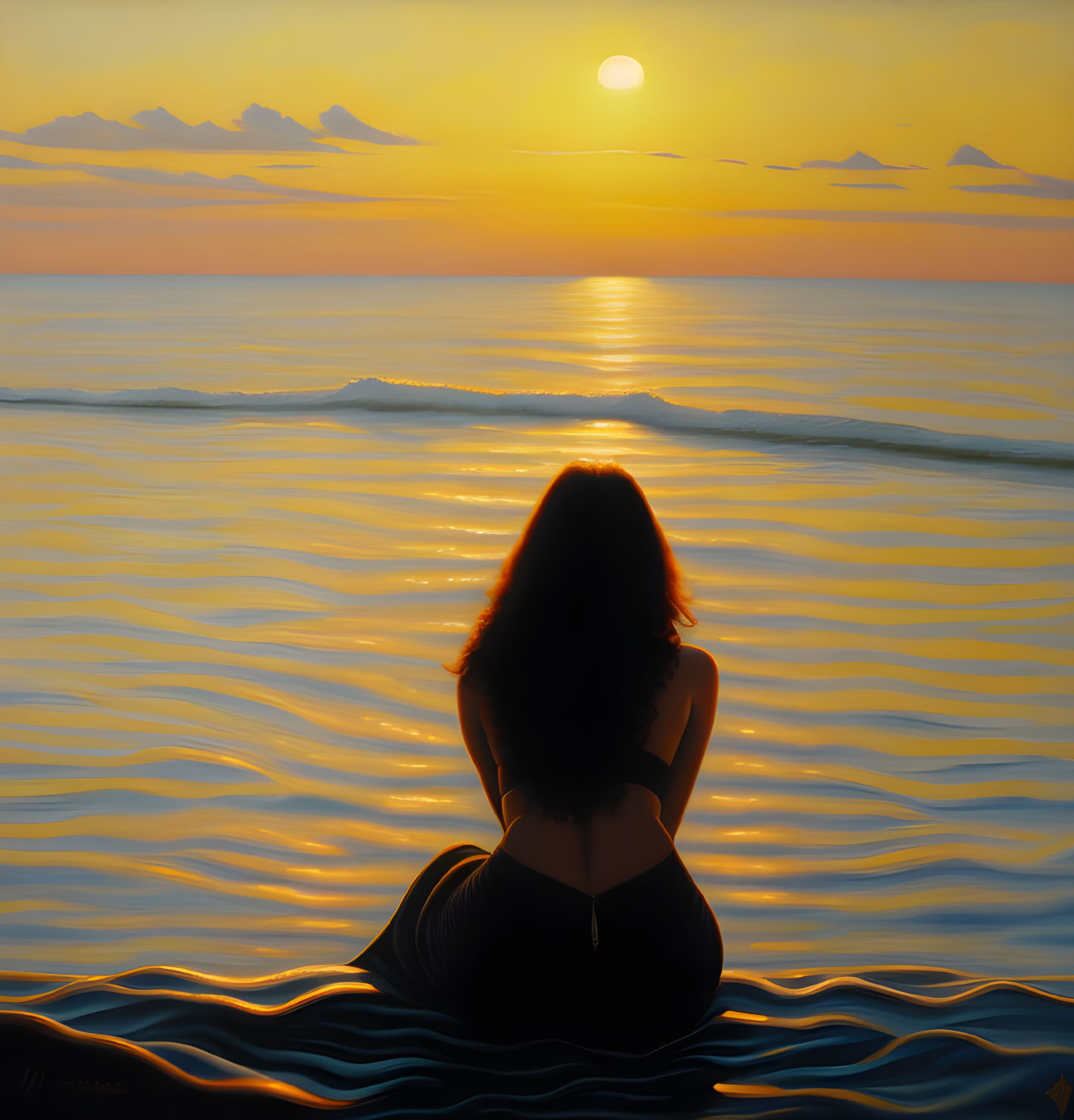 Woman sitting on calm beach at sunset with serene ocean and orange sky