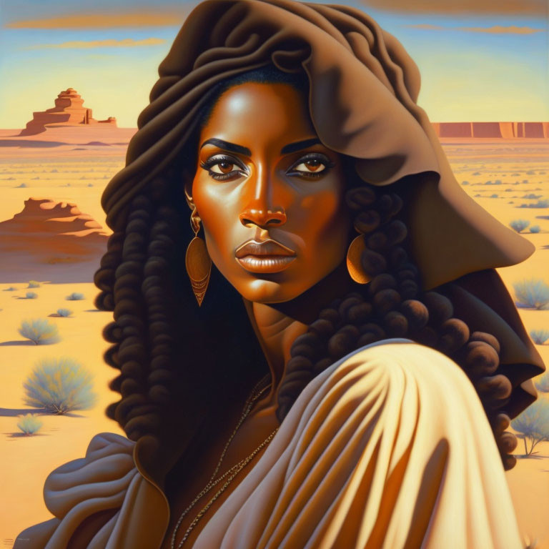 Portrait of a woman in draped garment and headscarf against desert landscape