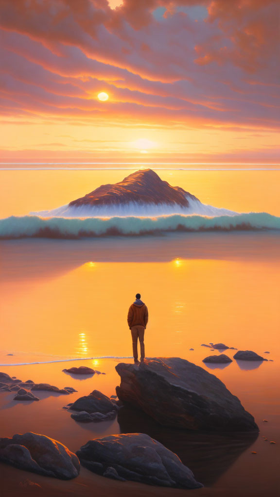 Person on Rock Gazes at Serene Seascape at Sunrise