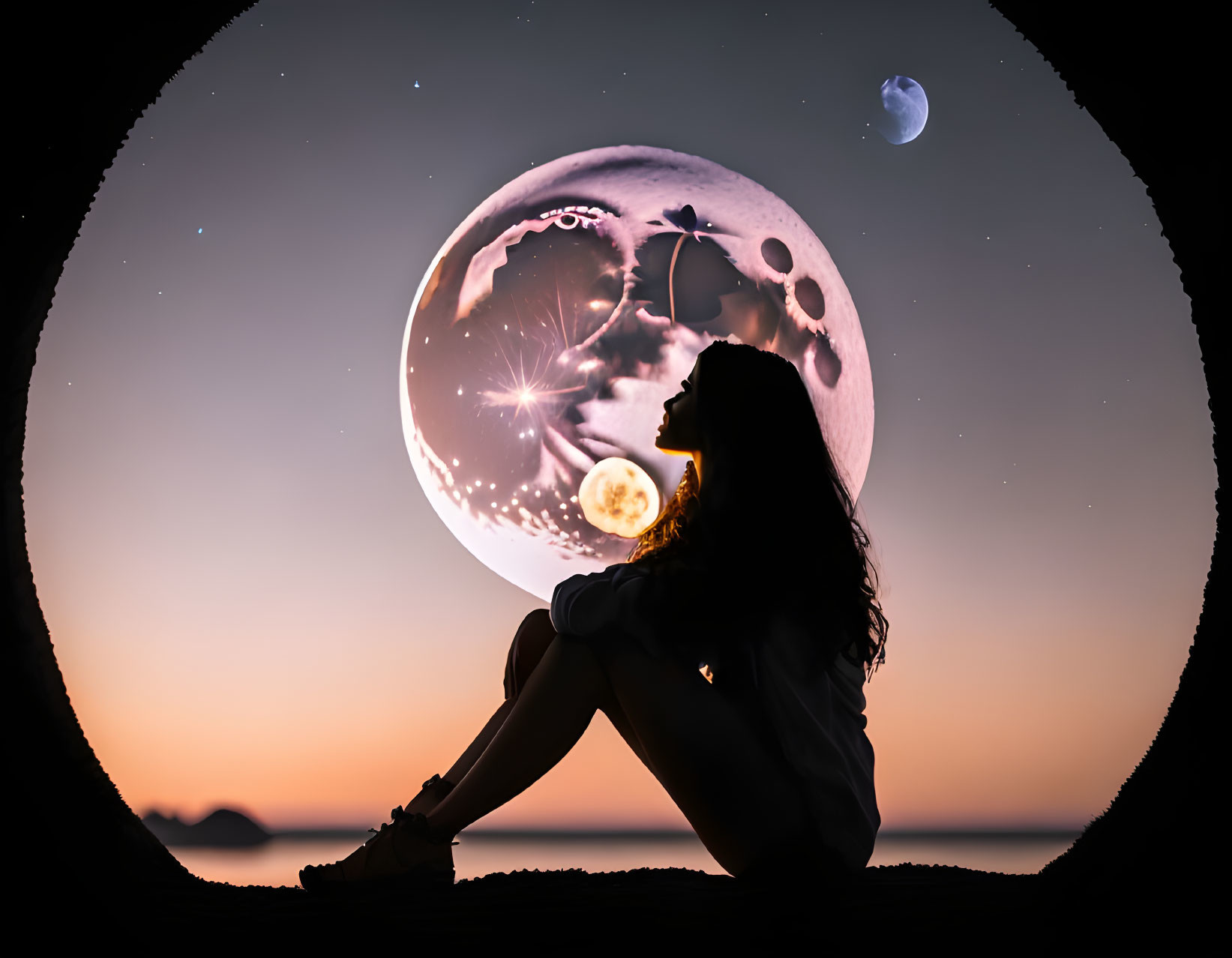 Silhouette of person under night sky with large imaginative moon and intricate designs.