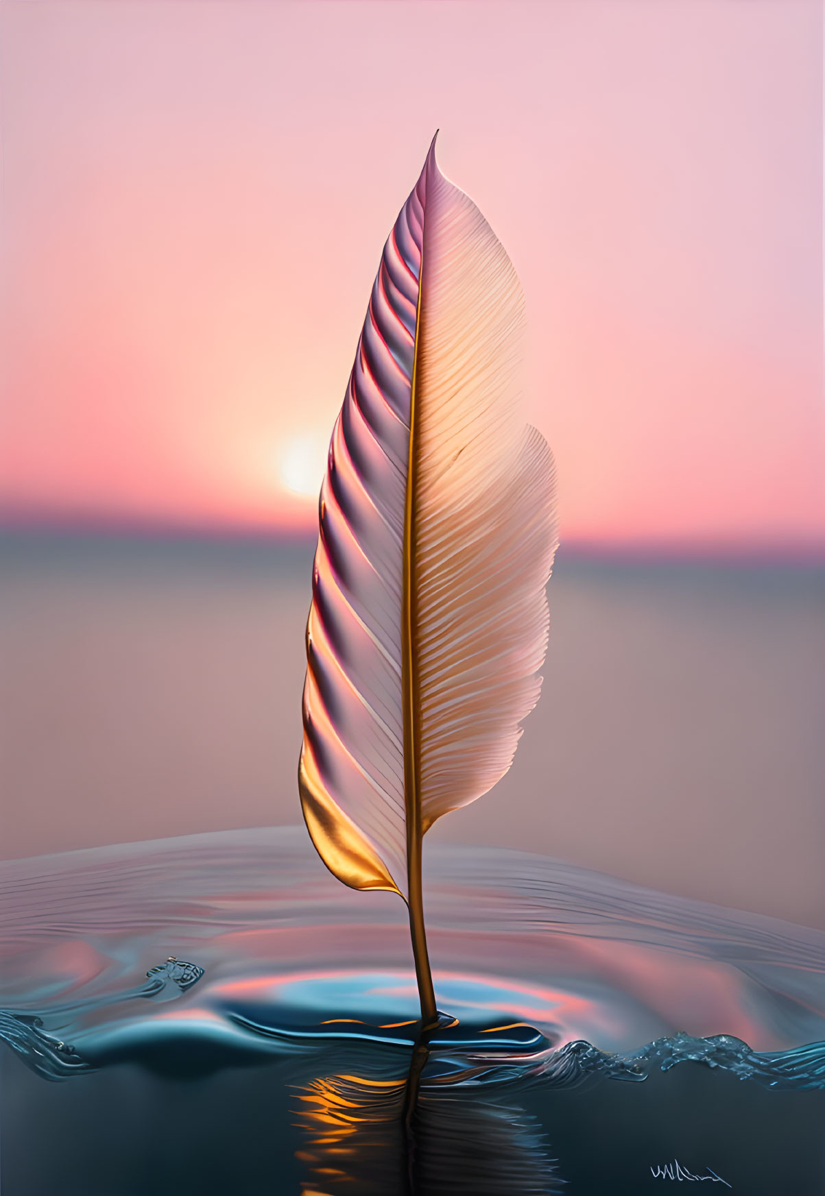 Feather on water under pink and blue sunset sky