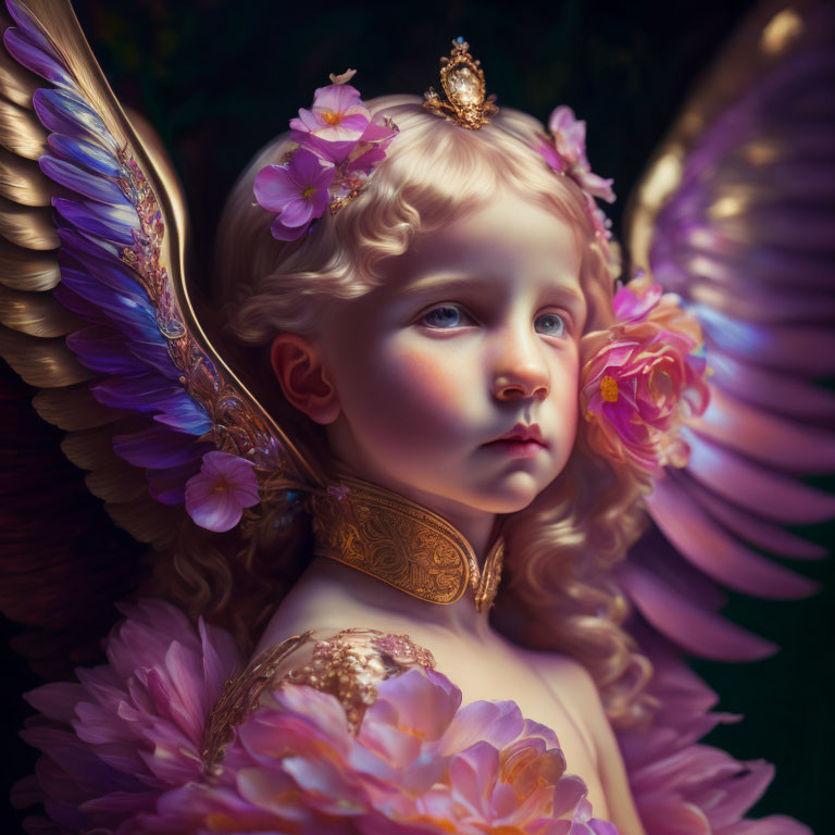 Child with angelic features in digital art with gold, flowers, and iridescent wings on dark