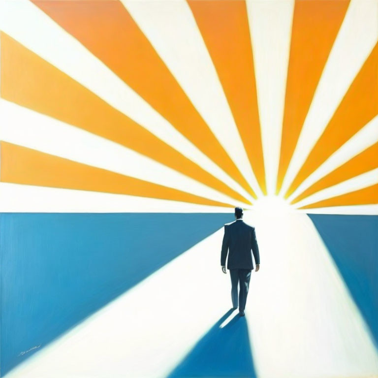 Silhouette walking towards bright horizon with yellow-orange beams on blue and white canvas