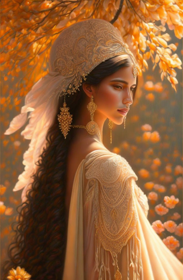 Illustrated woman with dark hair and golden headdress under orange tree.