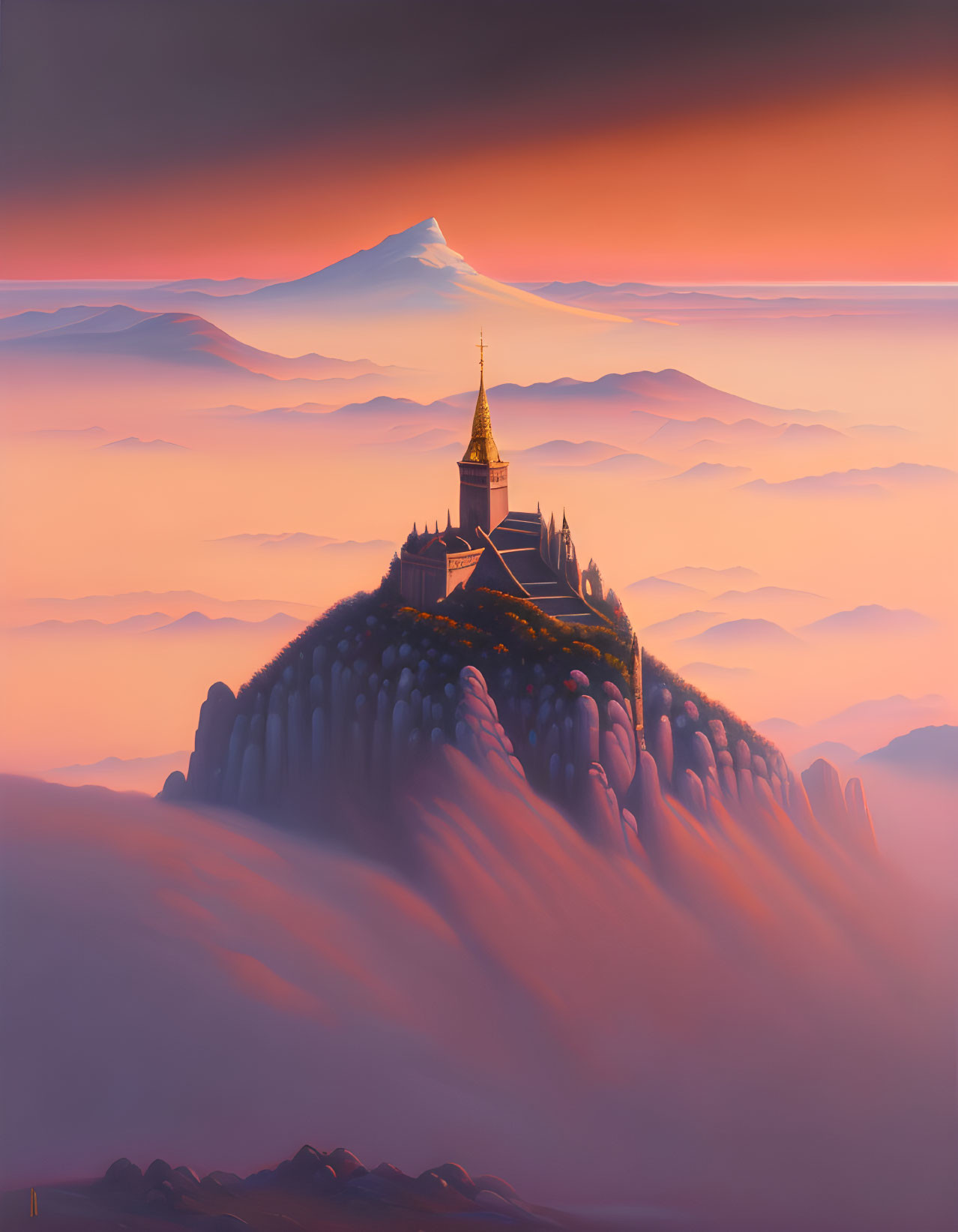 Mystical temple on steep mountain under warm sunset sky